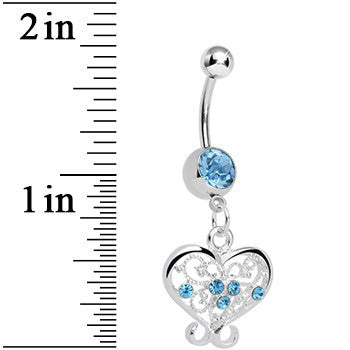 BodyCandy Aqua Gem Opulent Scrolled Heart Dangle Belly Ring — detail close-up