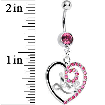 BodyCandy Pink Gem Gleaming Love Heart Dangle Belly Ring — detail close-up