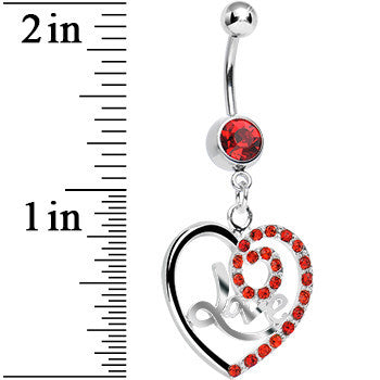BodyCandy Red Gem Gleaming Love Heart Dangle Belly Ring — detail close-up