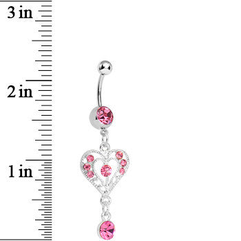BodyCandy Pink Gem Drops of Love Heart Dangle Belly Ring — detail close-up