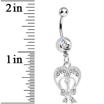 BodyCandy Crystalline Gem Love Tied in a Bow Heart Dangle Belly Ring — detail close-up