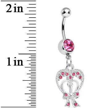 BodyCandy Pink Gem Love Tied in a Bow Heart Dangle Belly Ring — detail close-up