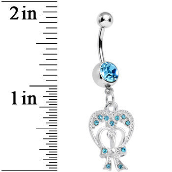 BodyCandy Aqua Gem Love Tied in a Bow Heart Dangle Belly Ring — detail close-up