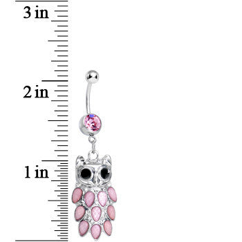BodyCandy Pink Gem Dressed Up Owl Dangle Belly Ring — detail close-up