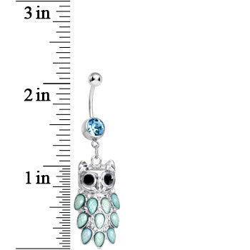 BodyCandy Aqua Gem Dressed Up Owl Dangle Belly Ring — detail close-up