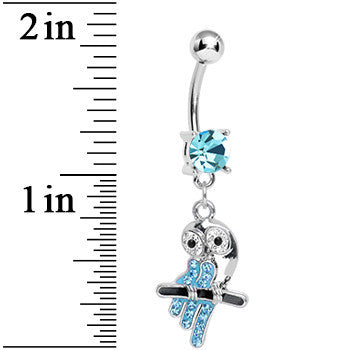 BodyCandy Aqua Gem Oddly Adorable Owl Dangle Belly Ring — detail close-up