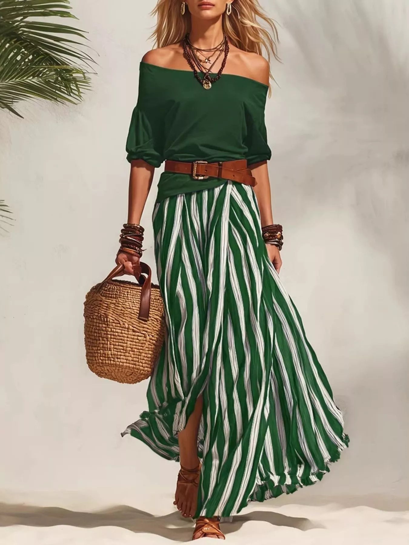 Off Shoulder Top and Striped Maxi Skirt Set