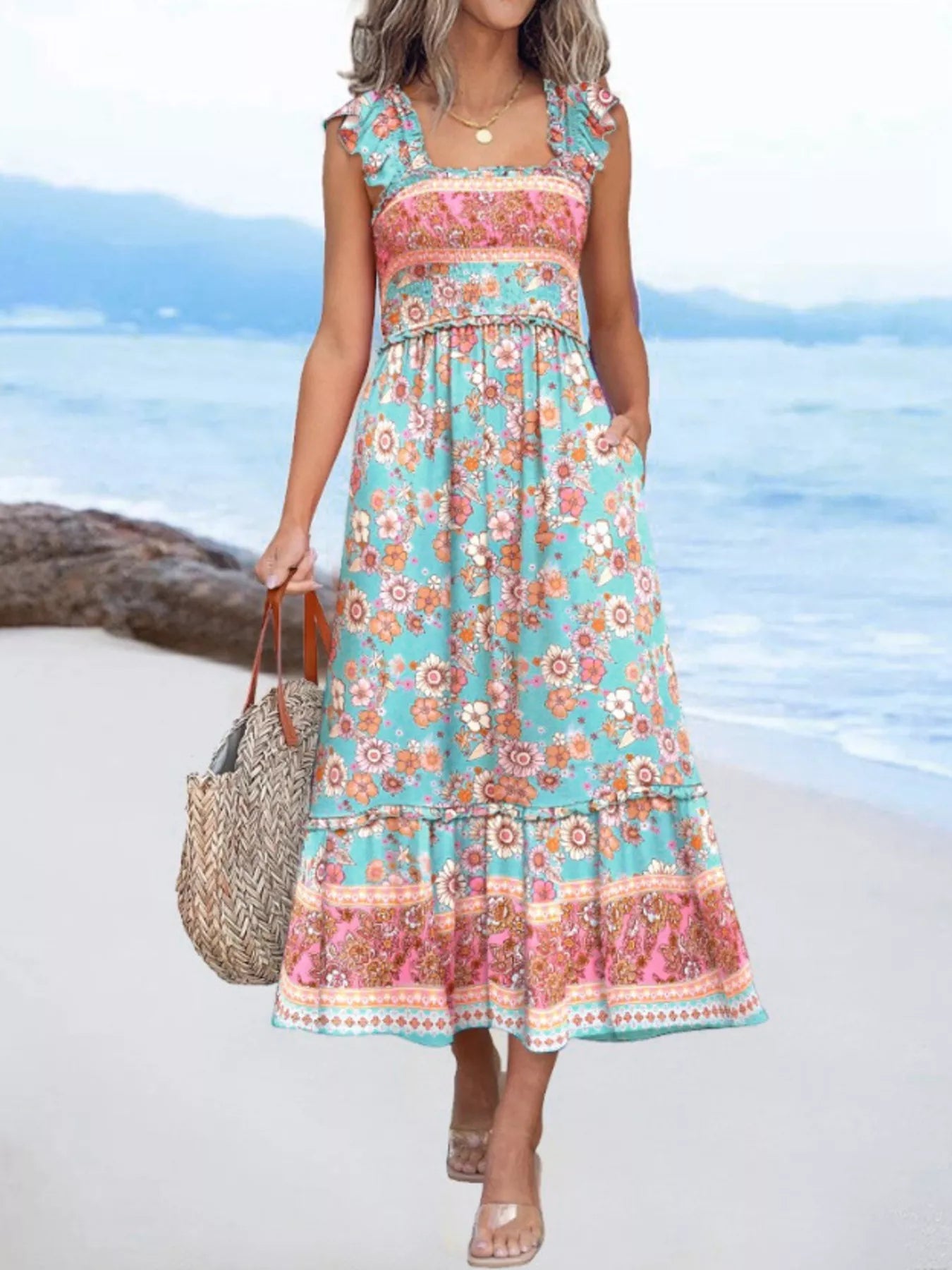 Tropical Palm Print Square Neck Midi Dress