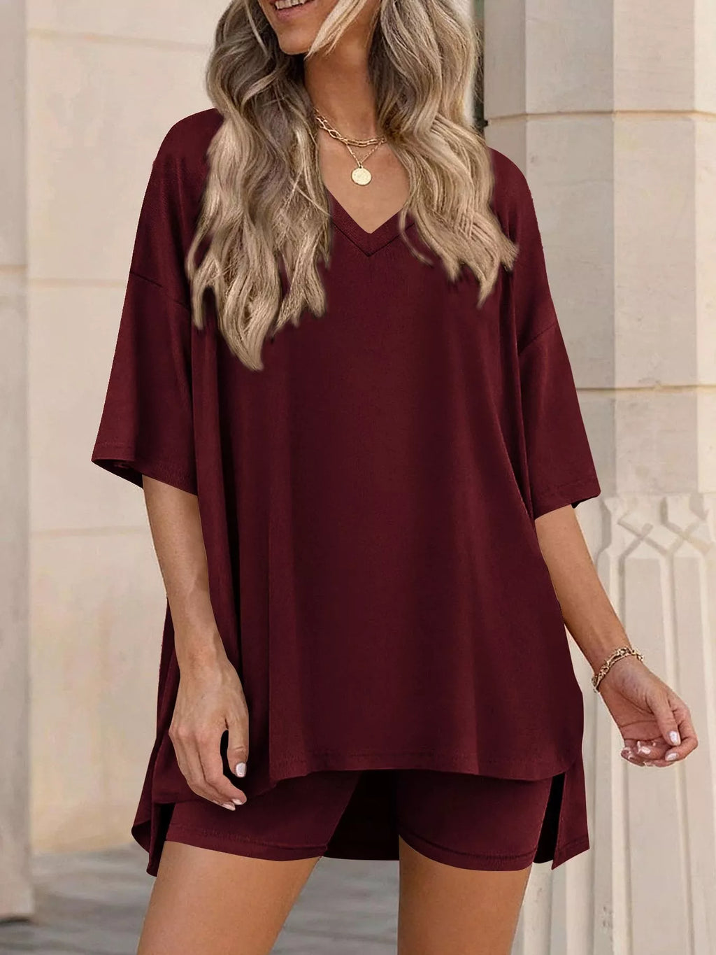 Full Size Casual Loose V-Neck T-Shirt & Shorts Set Plus Size