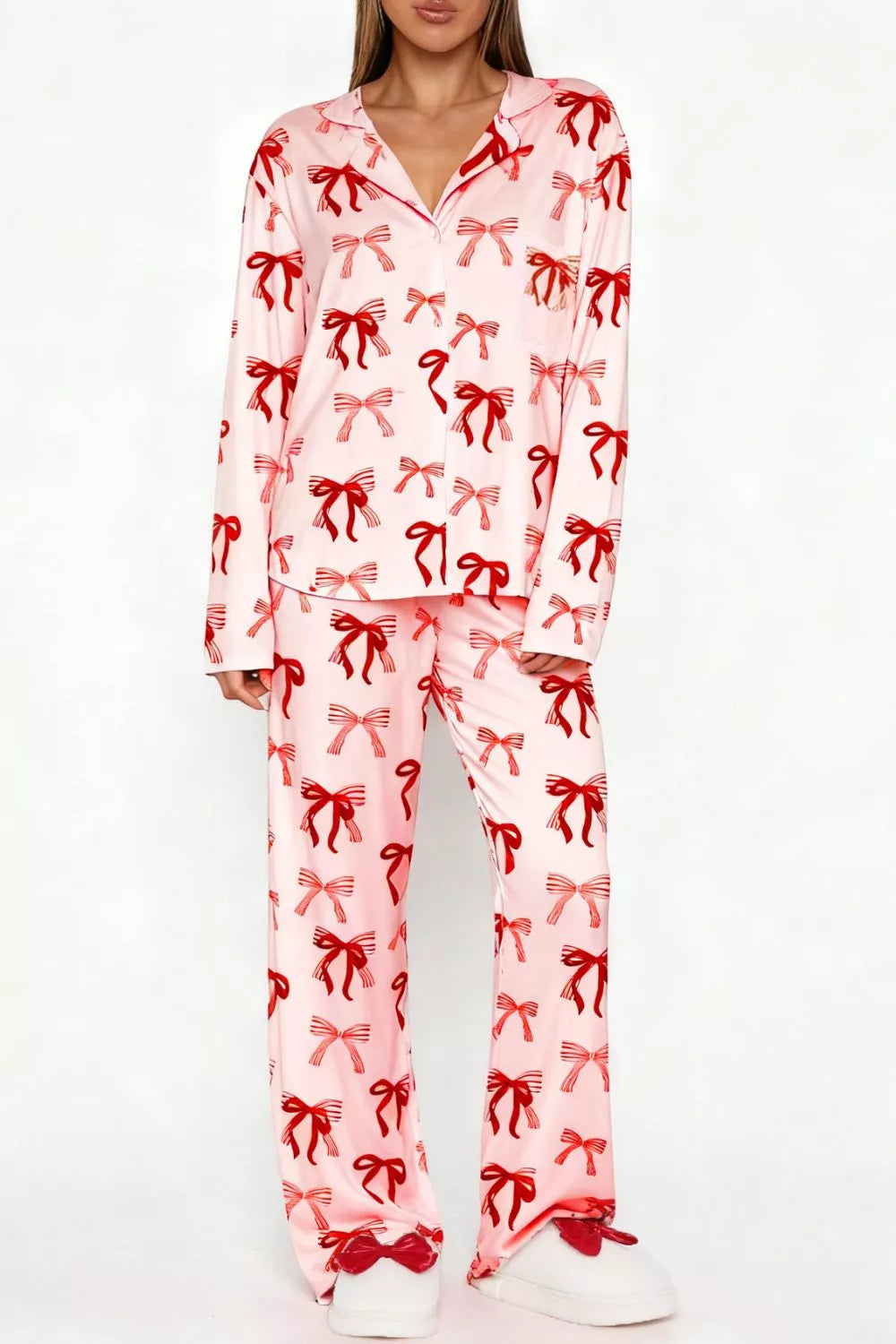 Bow Print Top and Wide Leg Pants Lounge Set