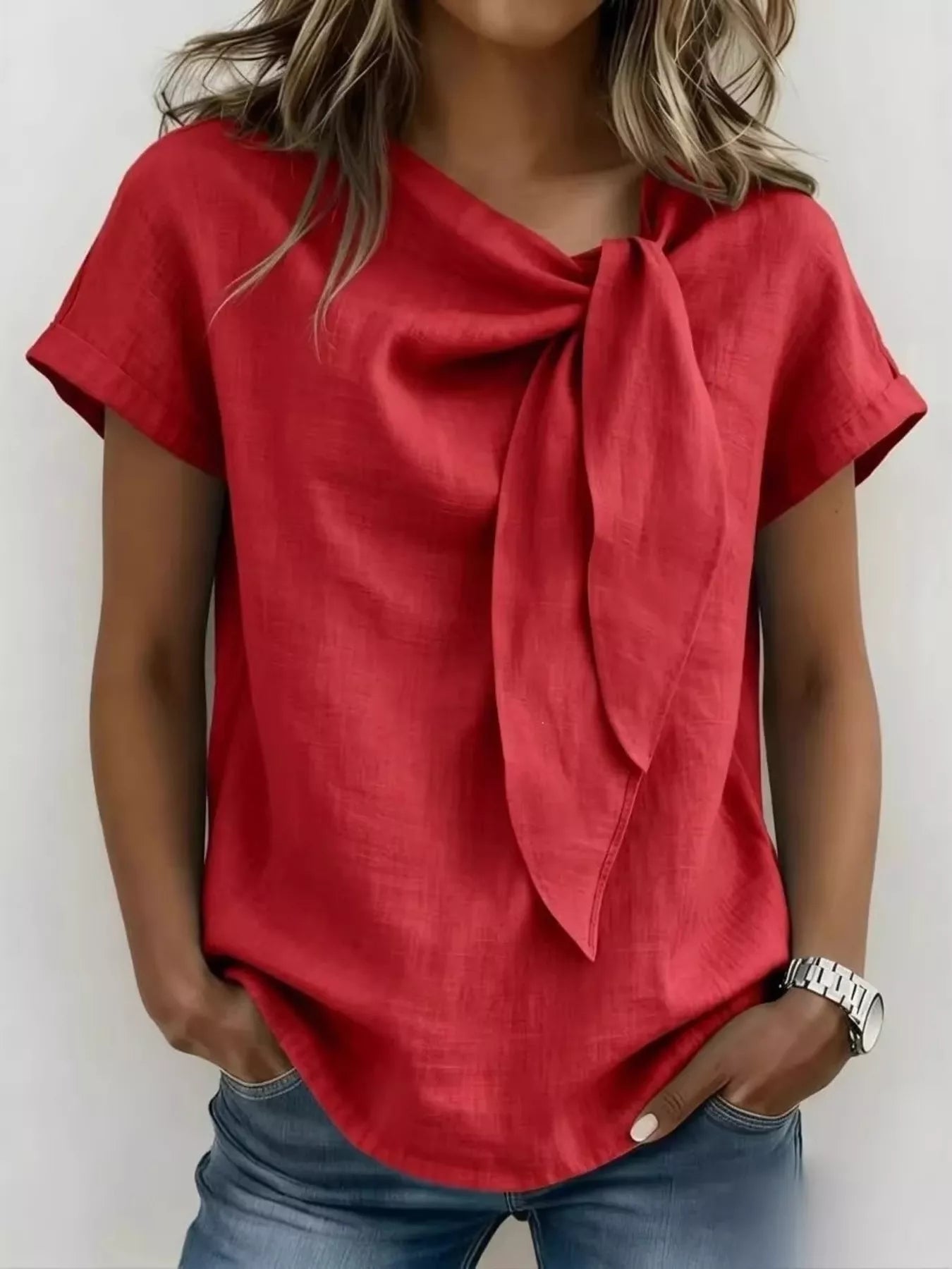 Full Size Bow Tie Neck Short Sleeve Blouse Plus Size