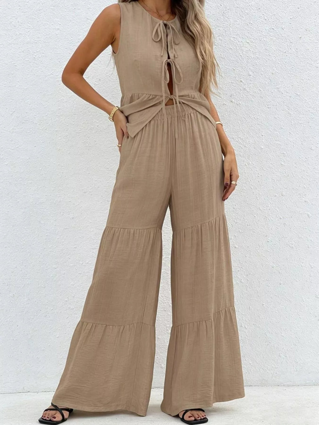 Sleeveless Tie-Front Top and Wide Leg Pants Set