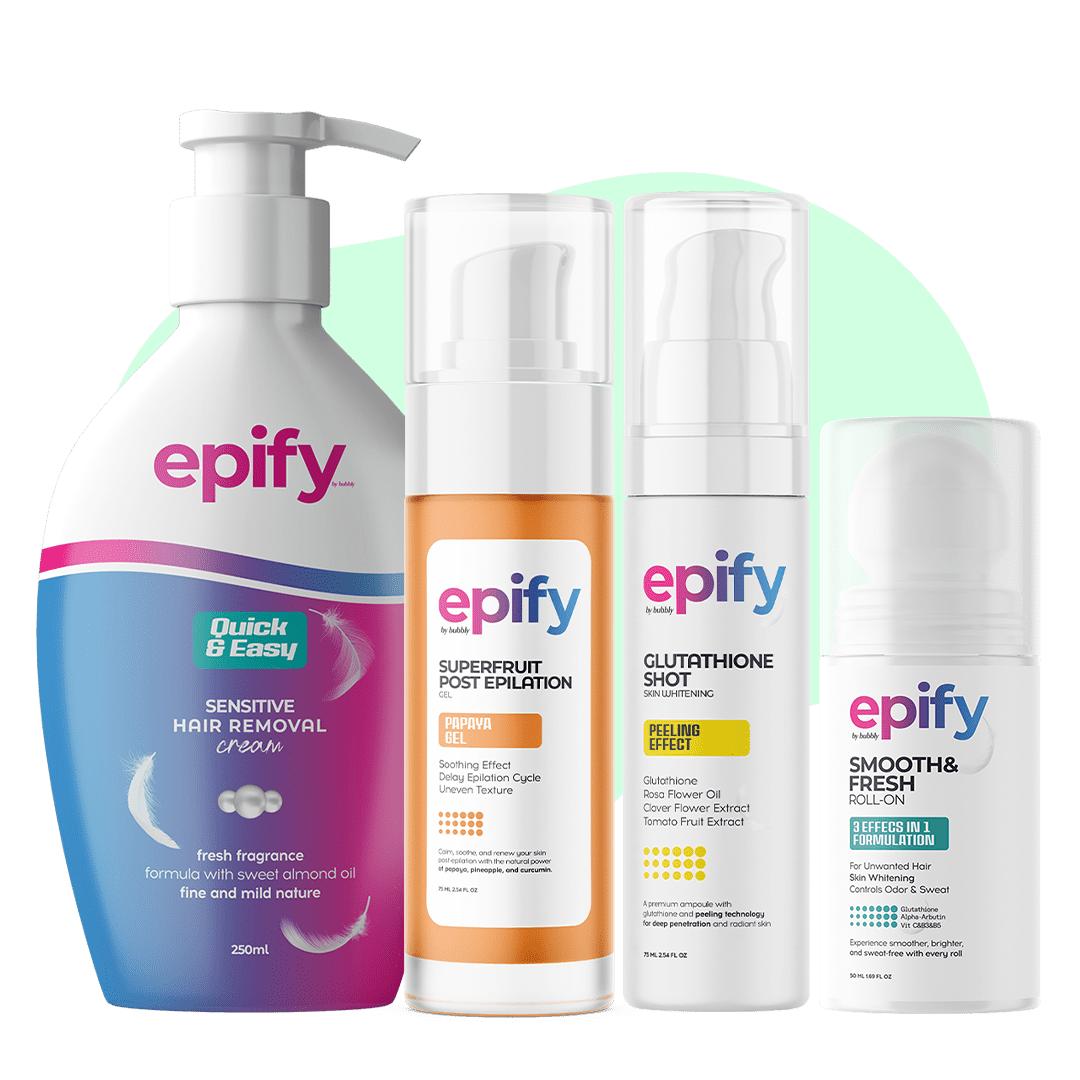 Epify Ultra Personal Care Set, Hair Removal Cream, Papaya Gel, Glutathione Shot &amp; Underarm Roll-On, Complete 4-Step Routine