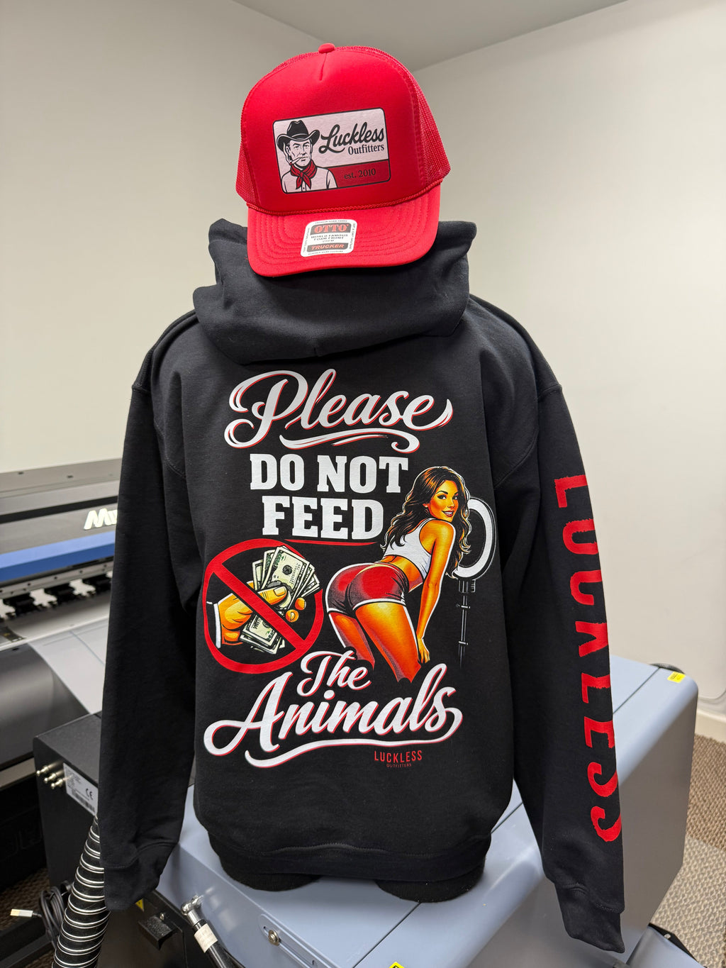 Luckless Outfitters Please Do Not Feed The Animals Hoodie — detail close-up