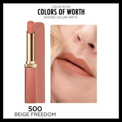 Loreal Paris Color Riche Intense Volume Matte Lipstick - 500 Beige Freedom - Long Lasting, Hyaluronic Acid for Fuller Lips