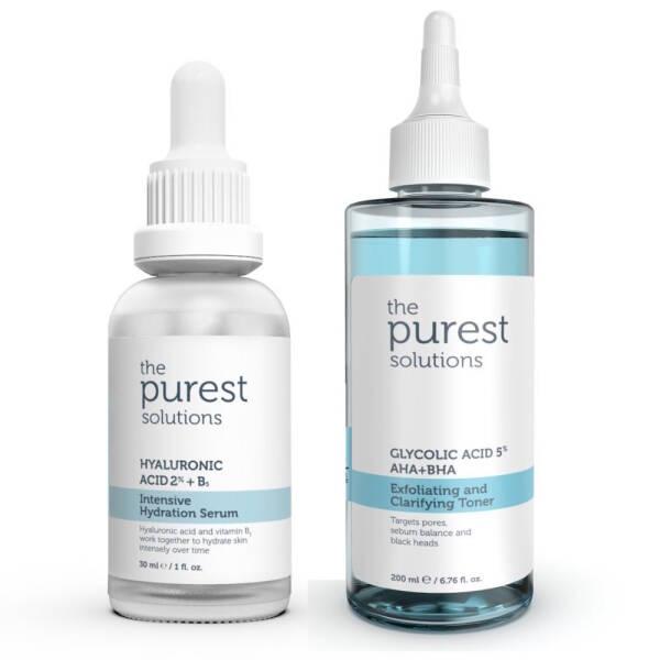 The Purest Solutions Skincare Set - Hydrating Serum & Exfoliating Toner for Dry, Irregular Skin - Hyaluronic Acid & Glycolic Acid