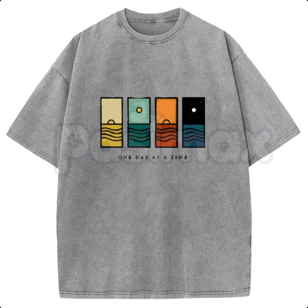 Holafish "One Day At A Time" Graphic T-Shirt – Oversize Acid Wash Vintage Tee, Lightweight Cotton Mindfulness Streetwear