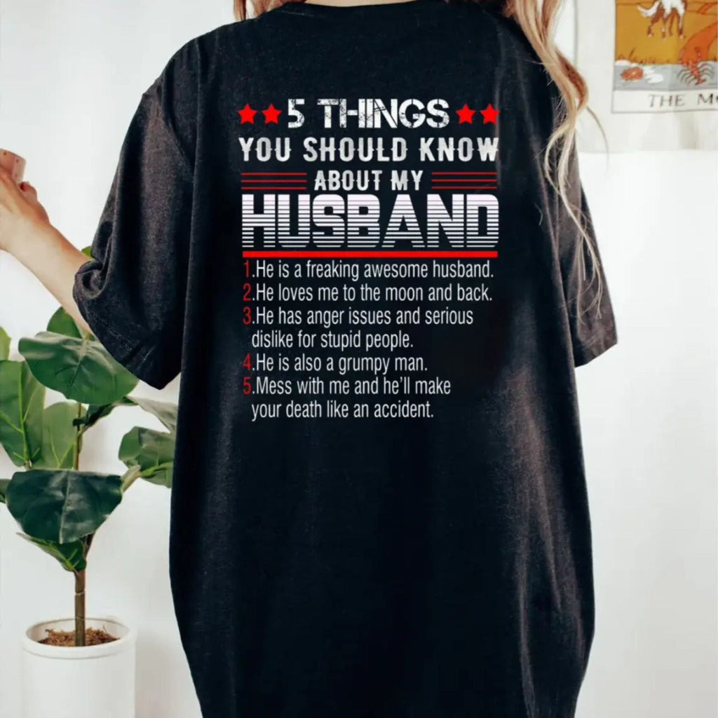 Pasimax "5 Things You Should Know About My Husband" T-Shirt — side view