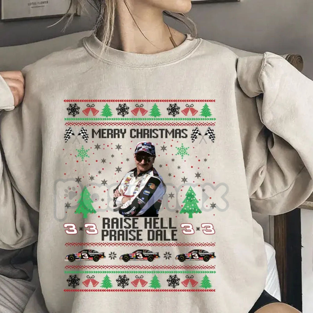 Pasimax Merry Christmas Raise Hell Praise Dale Sweatshirt | Funny NASCAR Dale Earnhardt Holiday Jumper | Rebel Fan Gift Crewn