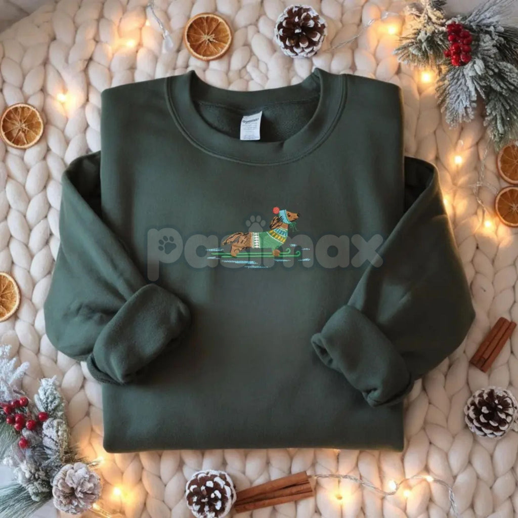 Pasimax Dachshund on Skis Embroidered Sweatshirt – Funny Christmas Dog Crewneck — side view
