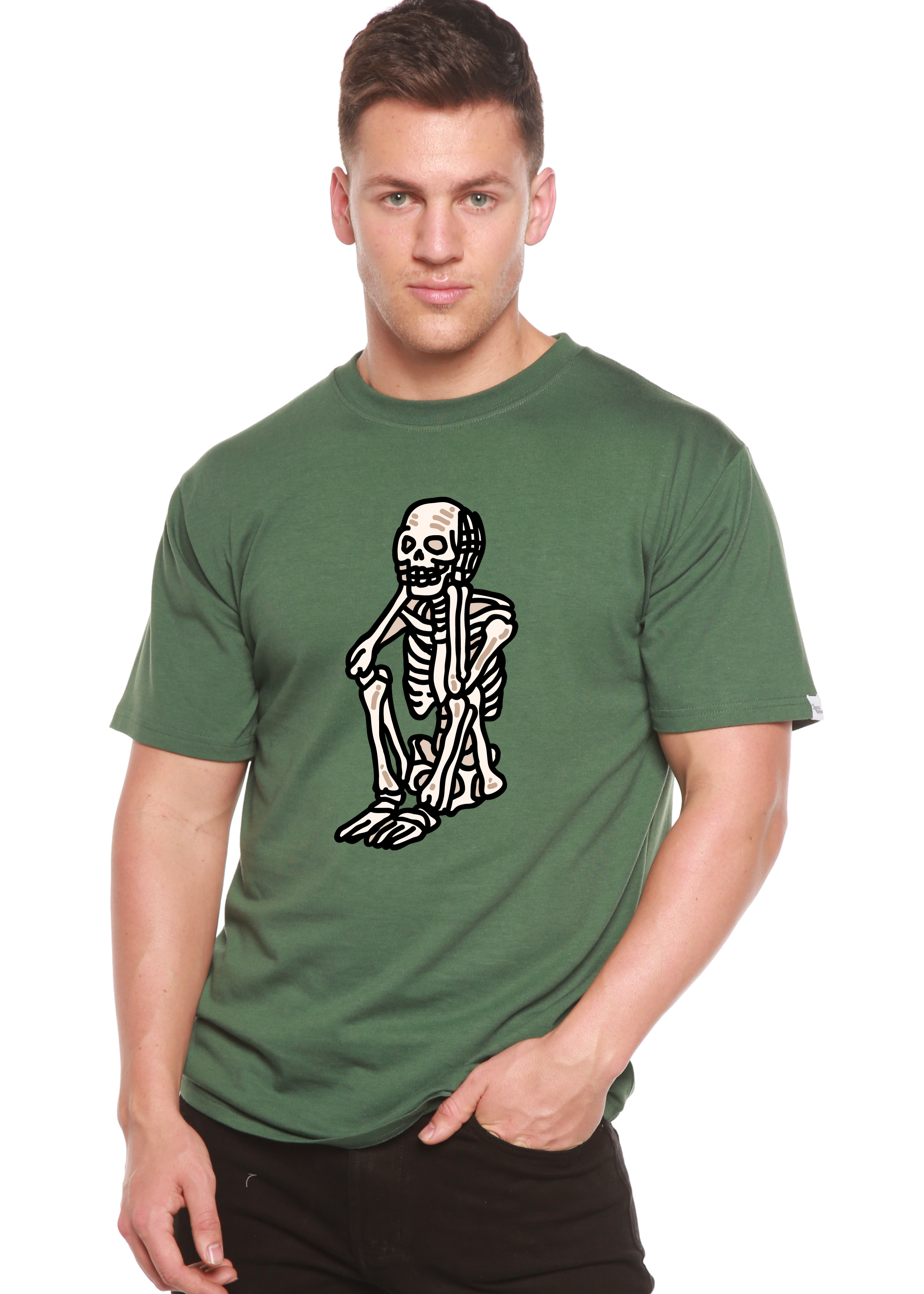 Spun Bamboo Sad Skeleton Halloween Unisex Bamboo Viscose/Organic Cotton Short Sleeve Graphic T-Shirt — fabric or material det