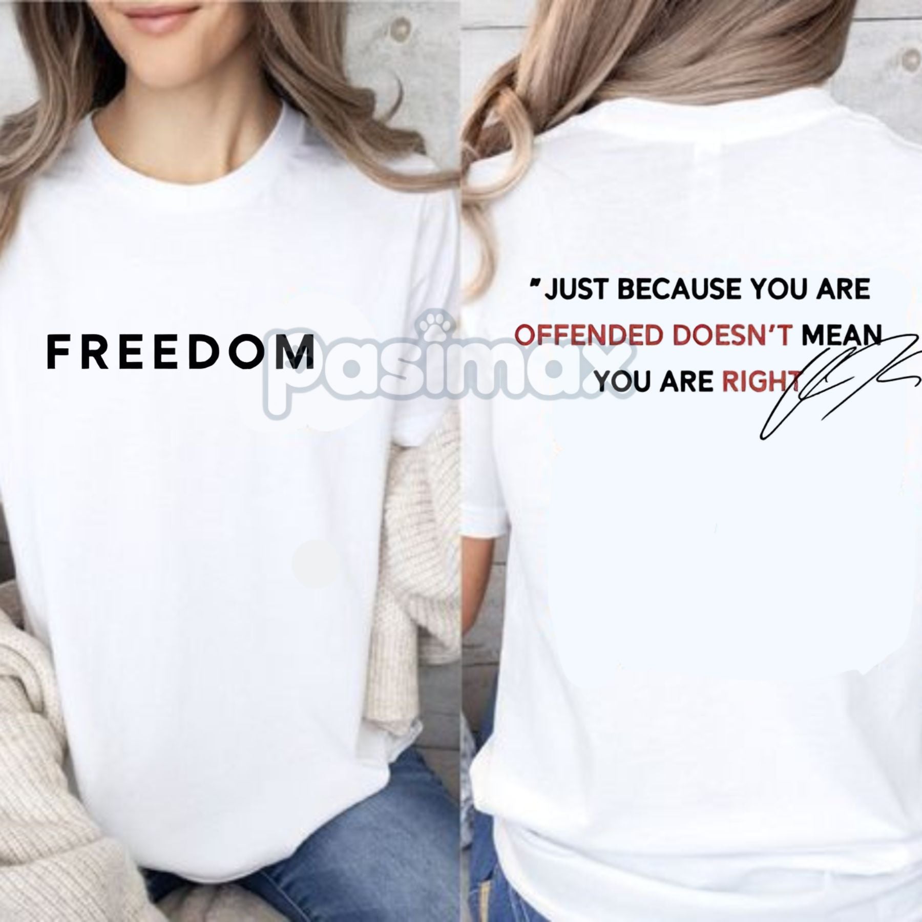 Pasimax "Just Because You Are Offended" Charlie Kirk T-Shirt — side view