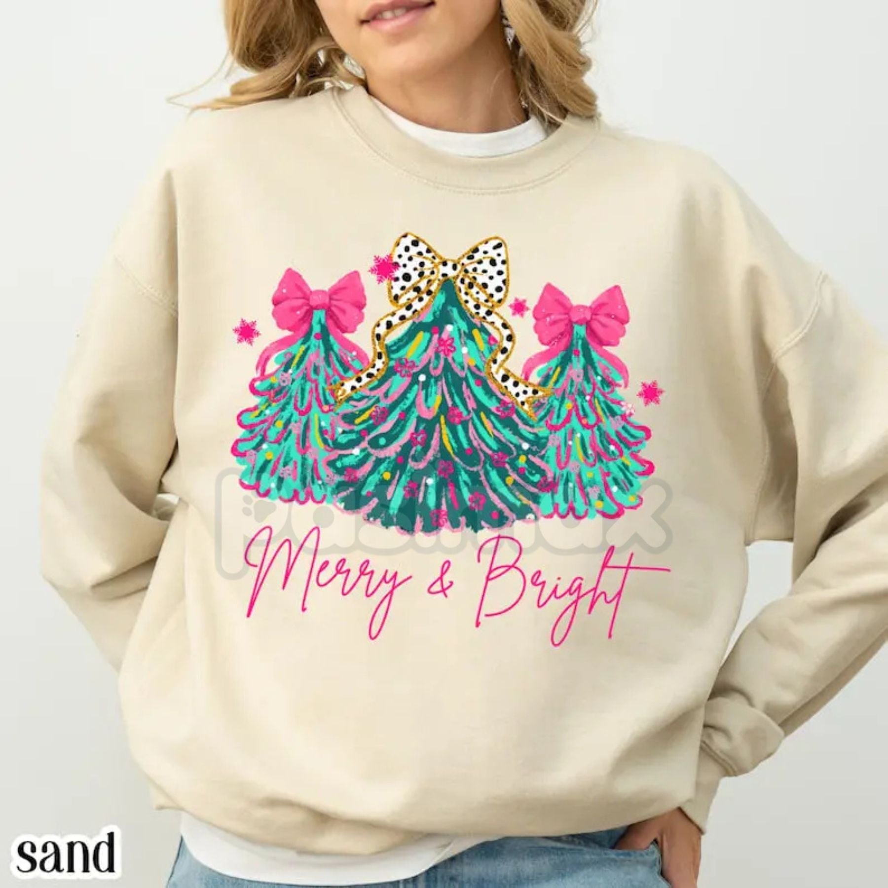 Pasimax The Pink Christmas Aesthetic: "Merry & Bright" Tree Sweatshirt with Festive Lights & Bows — side view