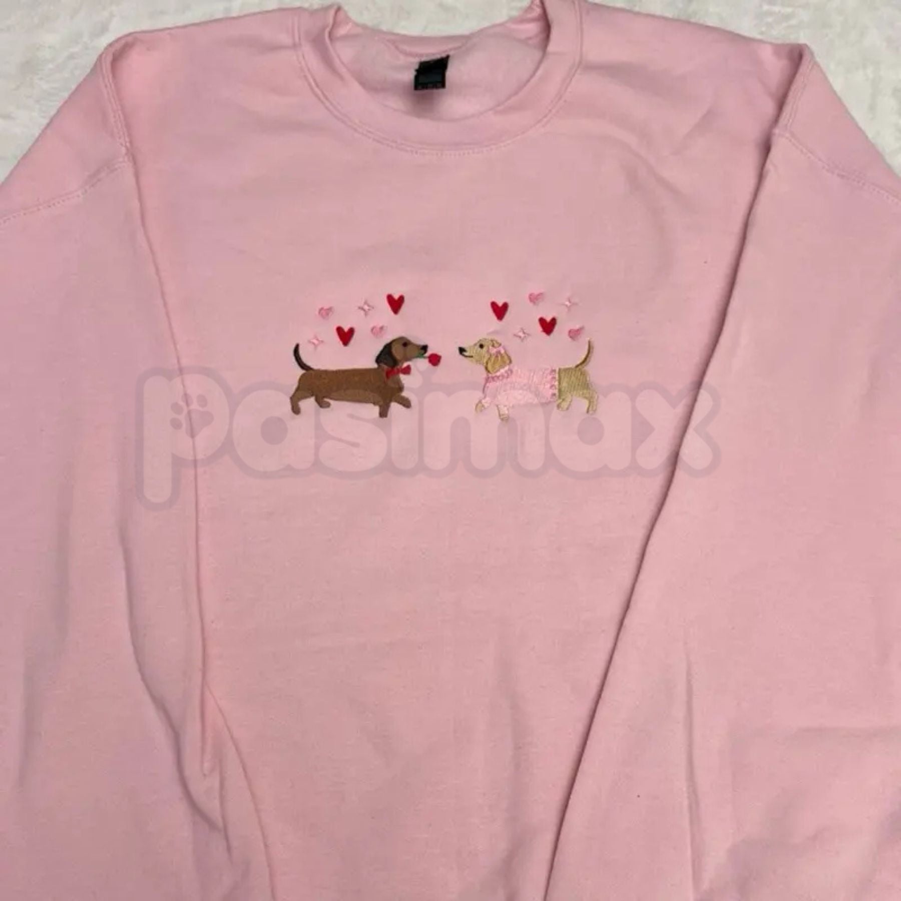 Pasimax Embroidered Dachshund Valentine’s Day Sweatshirt – Cute Doxie Heart Crewneck — side view