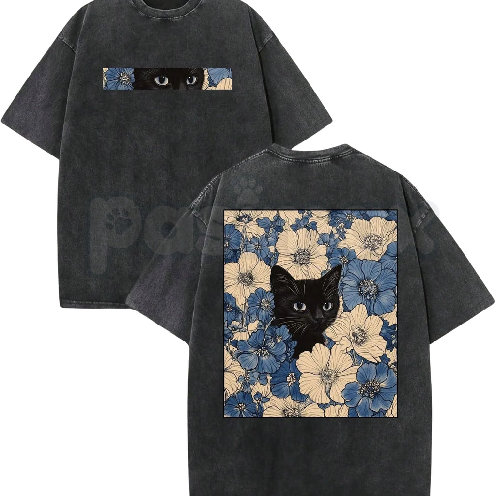 Cat in the Flowers Double-Sided T-Shirt – Retro Washed Botanical Kitten Graphic Tee, Vintage Aesthetic Lightweight Cotton Cat Mom Top