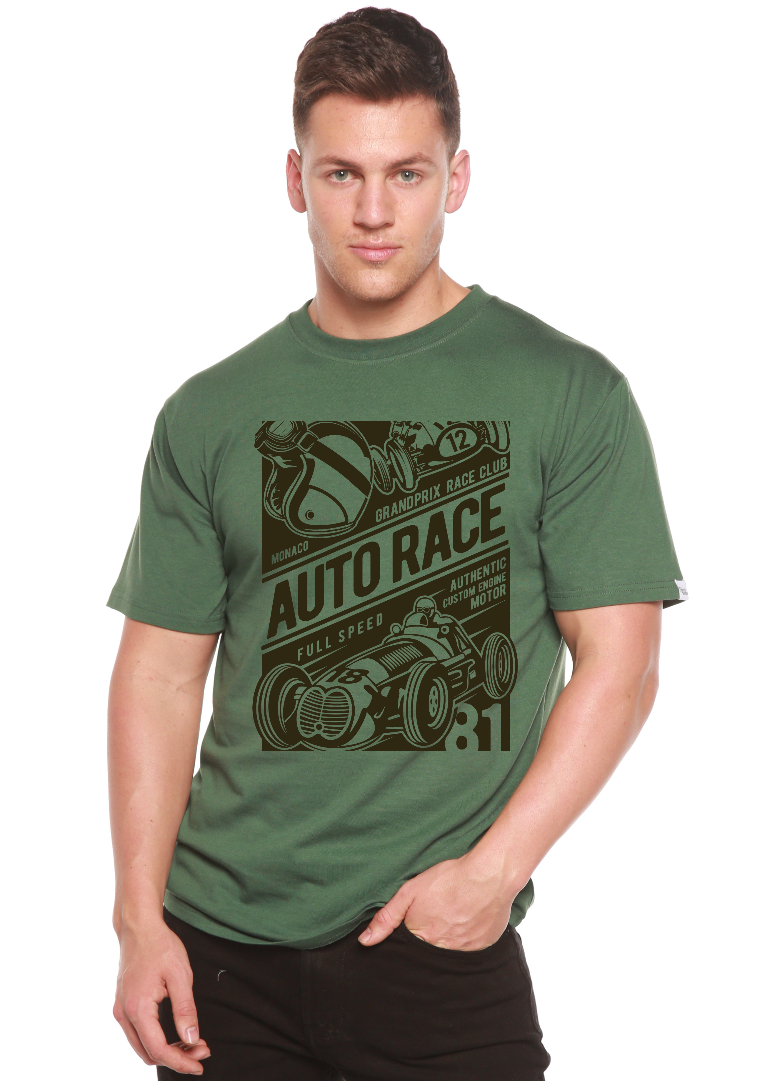 Spun Bamboo Auto Race Men's Bamboo Viscose/Organic Cotton Short Sleeve Graphic T-Shirt — back view