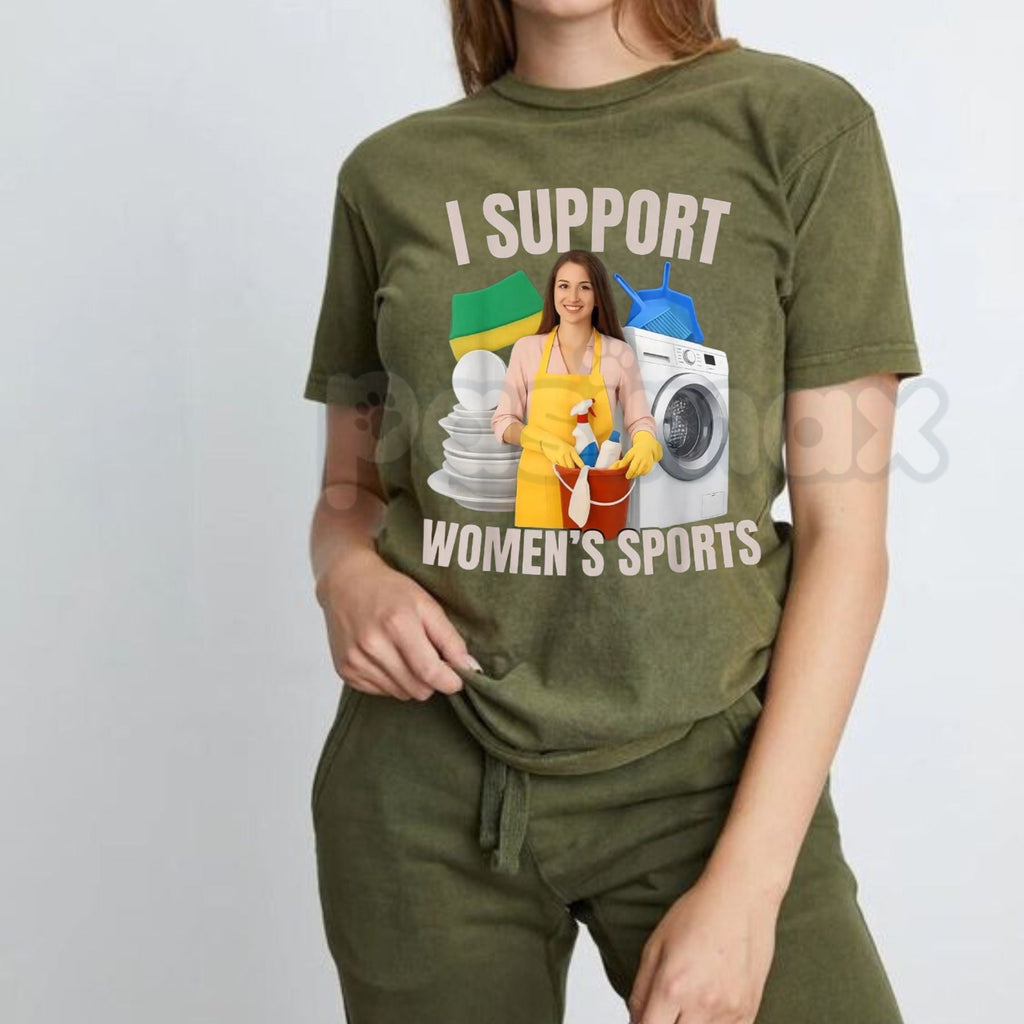 Pasimax "Support Women's Sports" Adult Humor Bootleg T-Shirt - Funny Sarcastic Slogan Graphic Tee, Premium 100% Cotton Viral 
