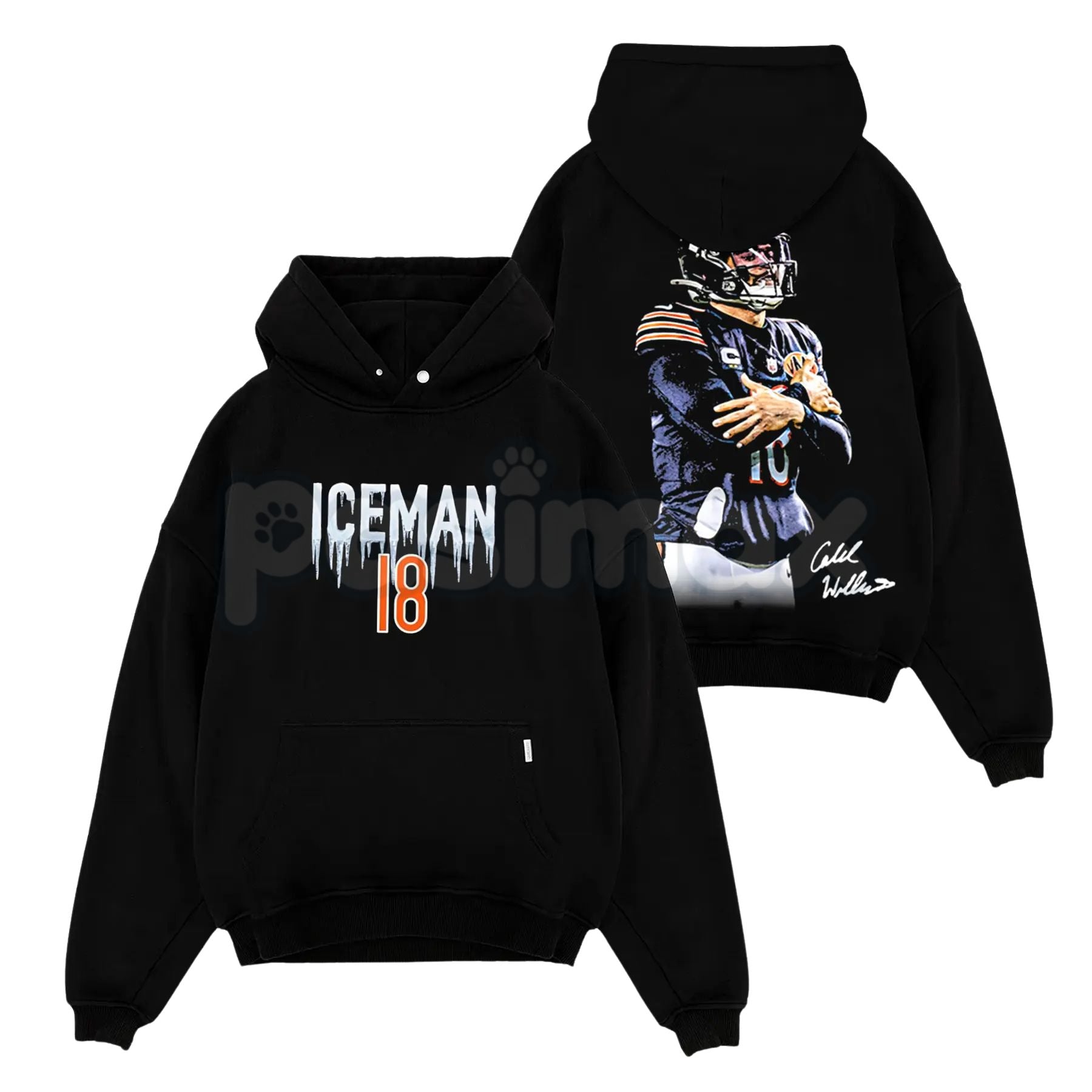 Pasimax Caleb Williams 18 – Iceman 'Cold' Celly For Da Bears Cotton Hoodie, Sweatshirt & T-Shirt — side view