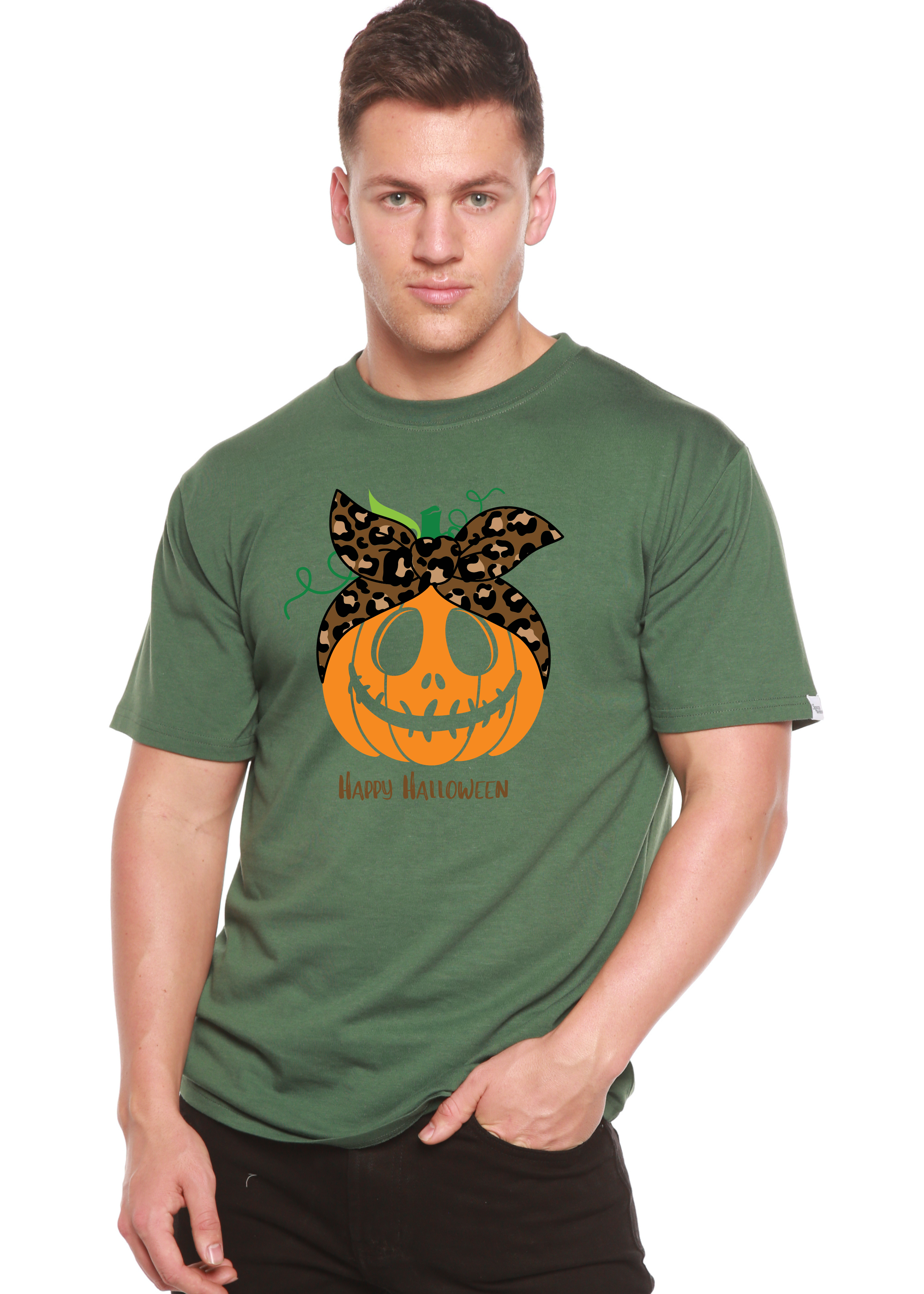 Spun Bamboo Happy Halloween Men's Bamboo Viscose/Organic Cotton Short Sleeve Graphic T-Shirt — back view