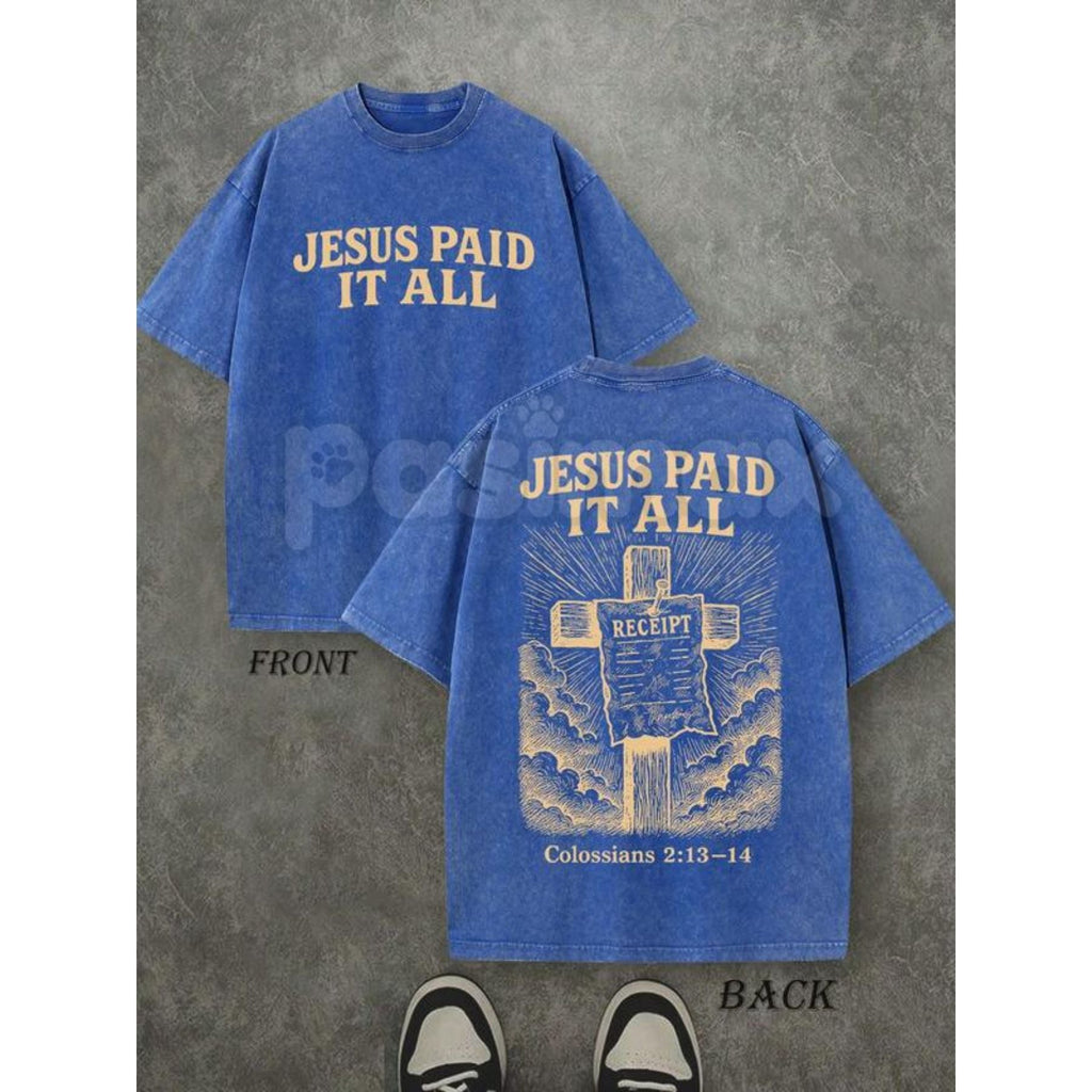 Pasimax "Jesus Paid It All" Double Sided T-Shirt – 230GSM Pure Cotton, Vintage Washed Christian Tee — side view