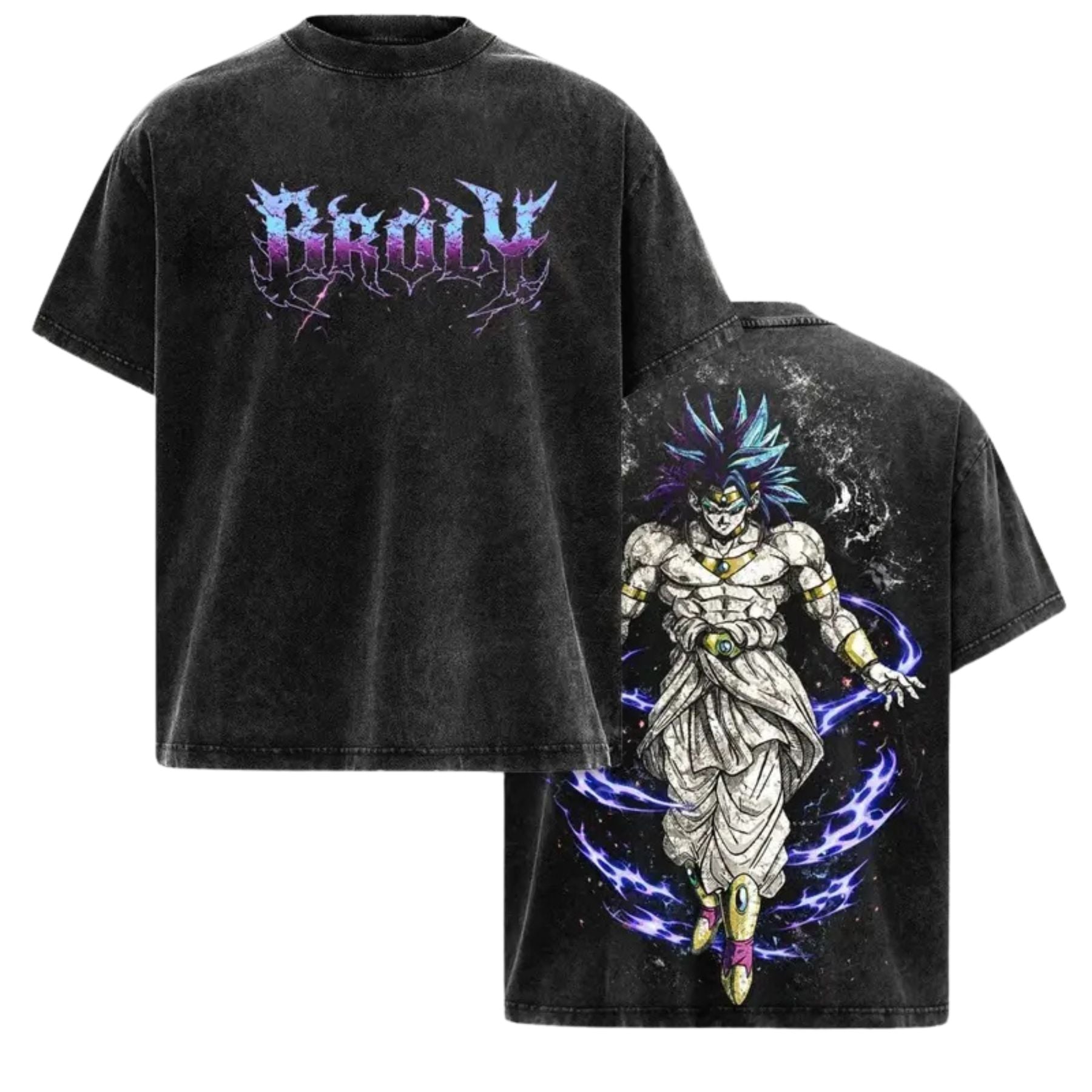 Pasimax The Nightmare Warrior: Broly DBZ Washed Tee – Heavyweight Cotton Relaxed Fit Retro Anime Graphic T-Shirt — detail clo