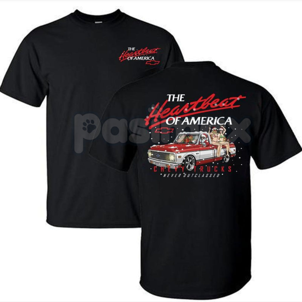 Pasimax Retro Chevy Heartbeat of America Christmas T-Shirt - Vintage Holiday Automotive Tee, Iconic Chevy Slogan Xmas Gift, A
