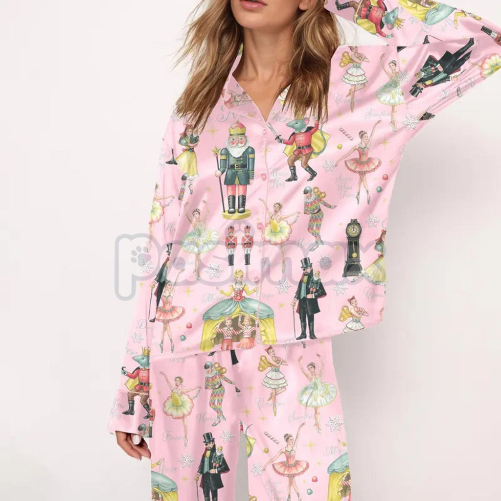 Pasimax Silky Nutcracker Christmas Pajama Set for Women - Elegant Ballet Print Loungewear & Holiday Sleepwear — in-use photo