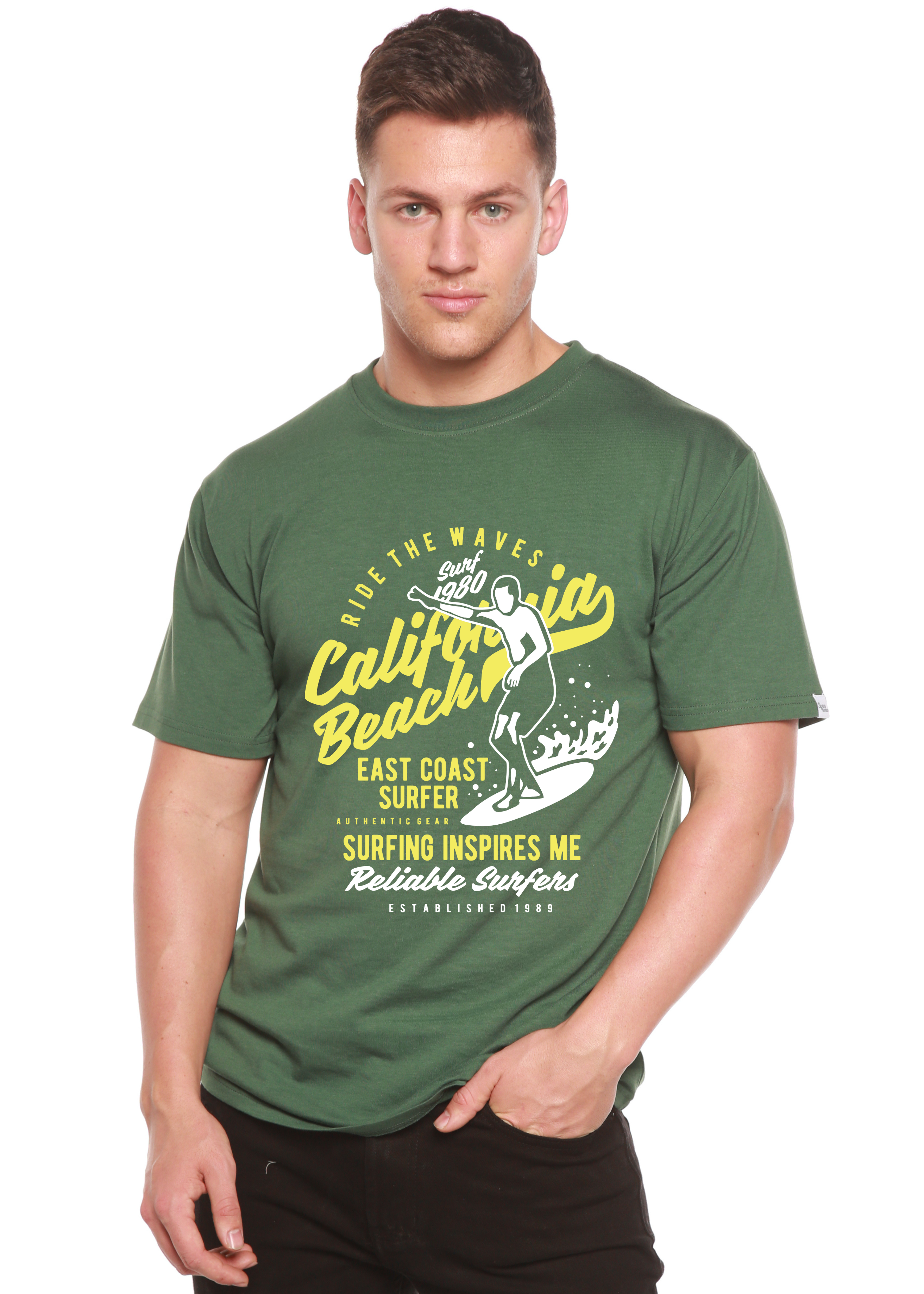 Spun Bamboo Ride The Waves Spun Bamboo® Men's Bamboo Viscose/Organic Cotton Short Sleeve Graphic T-Shirt — detail close-up