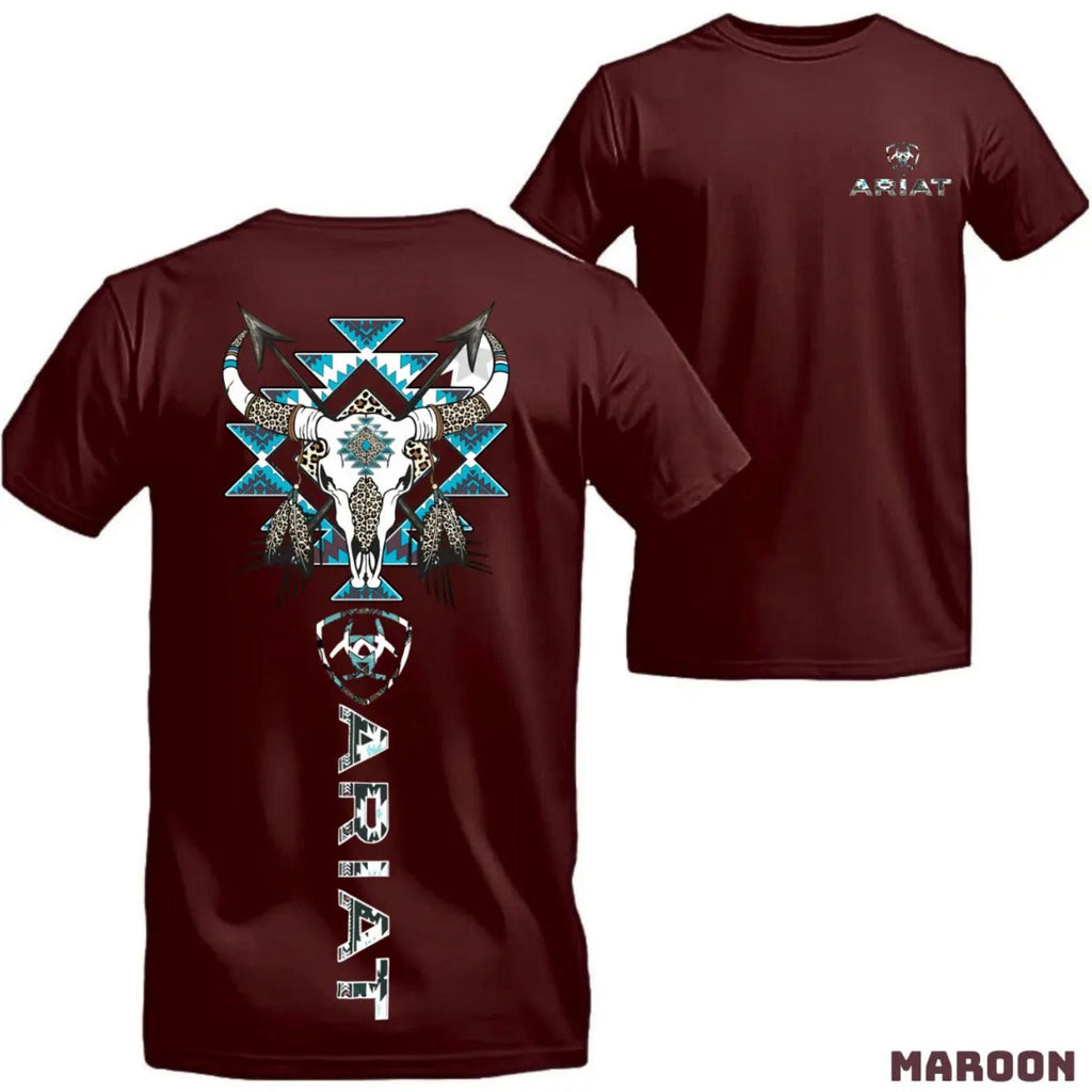 Pasimax Ariat Western Bull Skull T-Shirt - Tribal Graphic with Turquoise Accents, Rodeo Style Gift Tee — lifestyle context