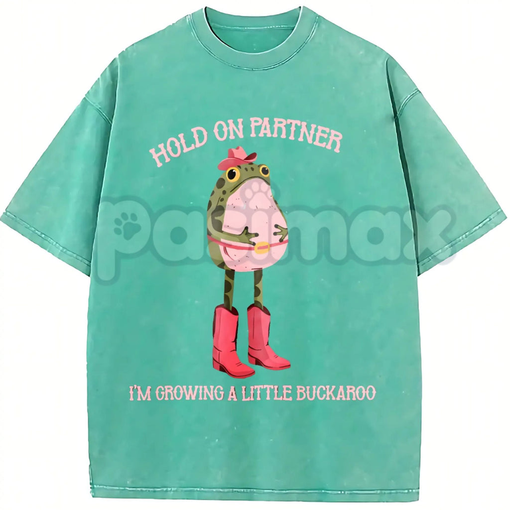 Hold On Partner I'm Growing A Little Buckaroo T-Shirt – Cowboy Baby Western Pregnancy Announcement, Lightweight Retro Cotton Graphic Tee