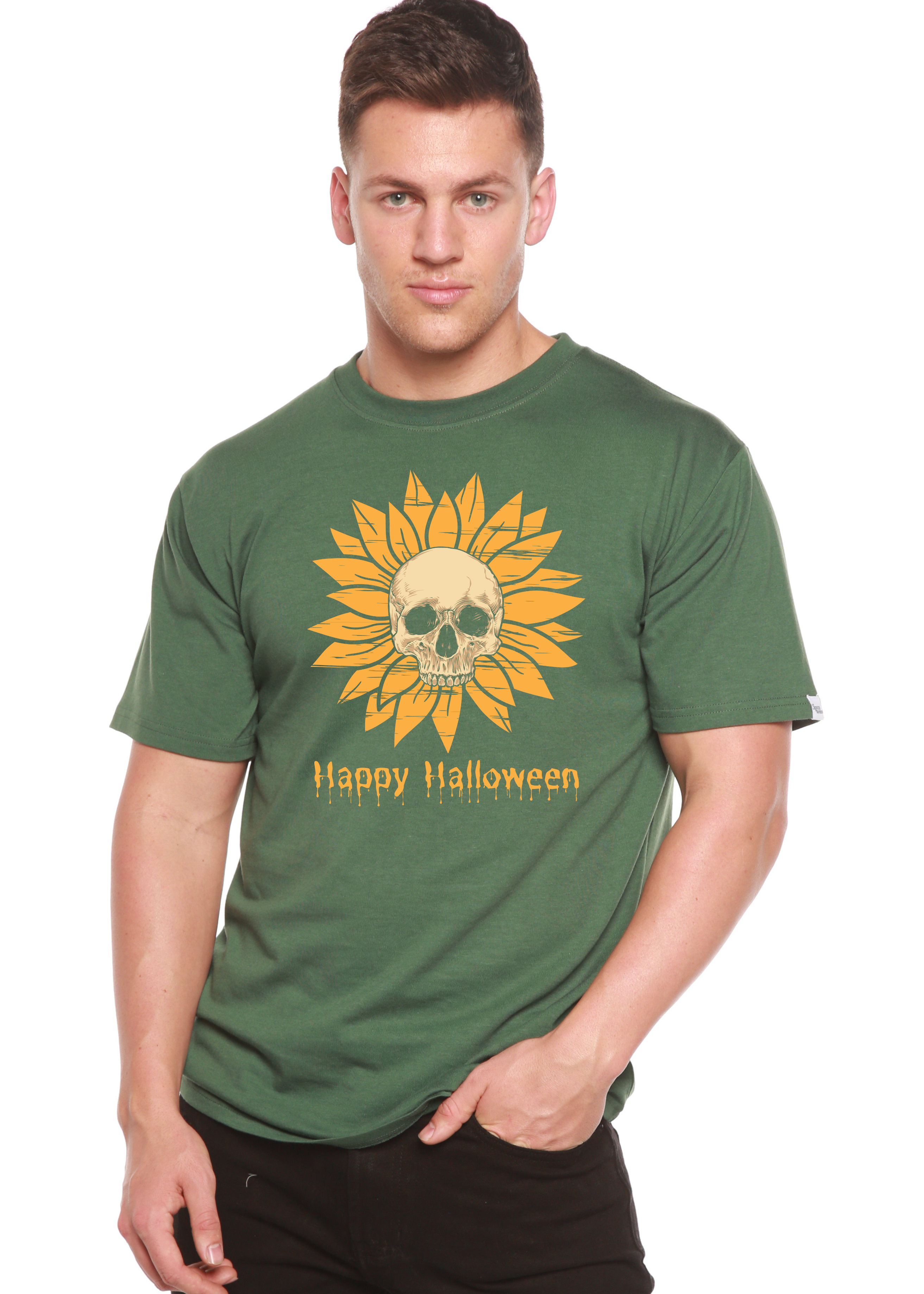 Spun Bamboo Happy Halloween Day Men's Bamboo Viscose/Organic Cotton Short Sleeve Graphic T-Shirt — lifestyle context