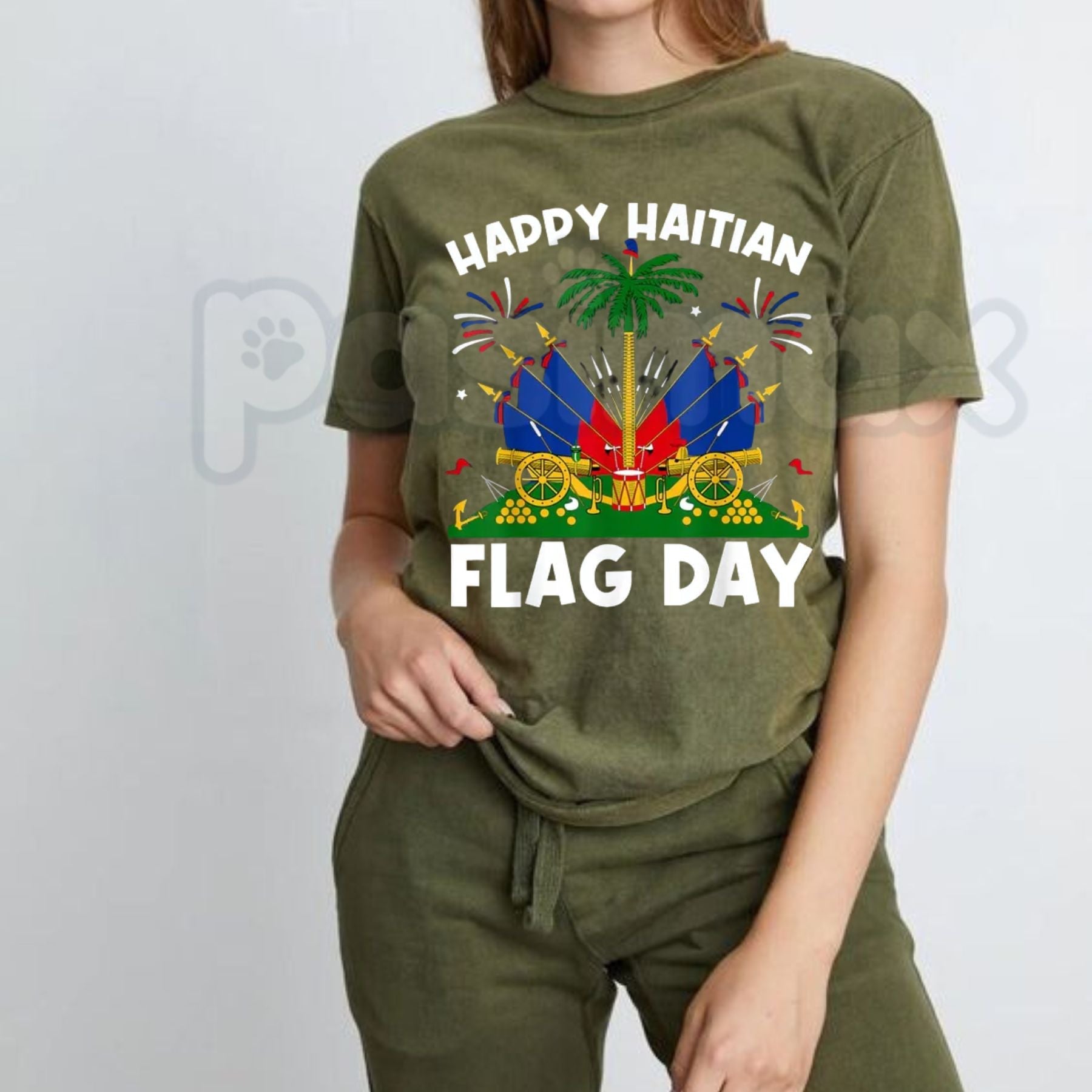 "Happy Haitian Flag Day" Patriotic T-Shirt – Haiti Heritage Graphic Tee for Men & Women, Premium 100% Cotton L'Union Fait La Force Top, Soft Lived-In Heavyweight Caribbean Pride Shirt, Made in USA