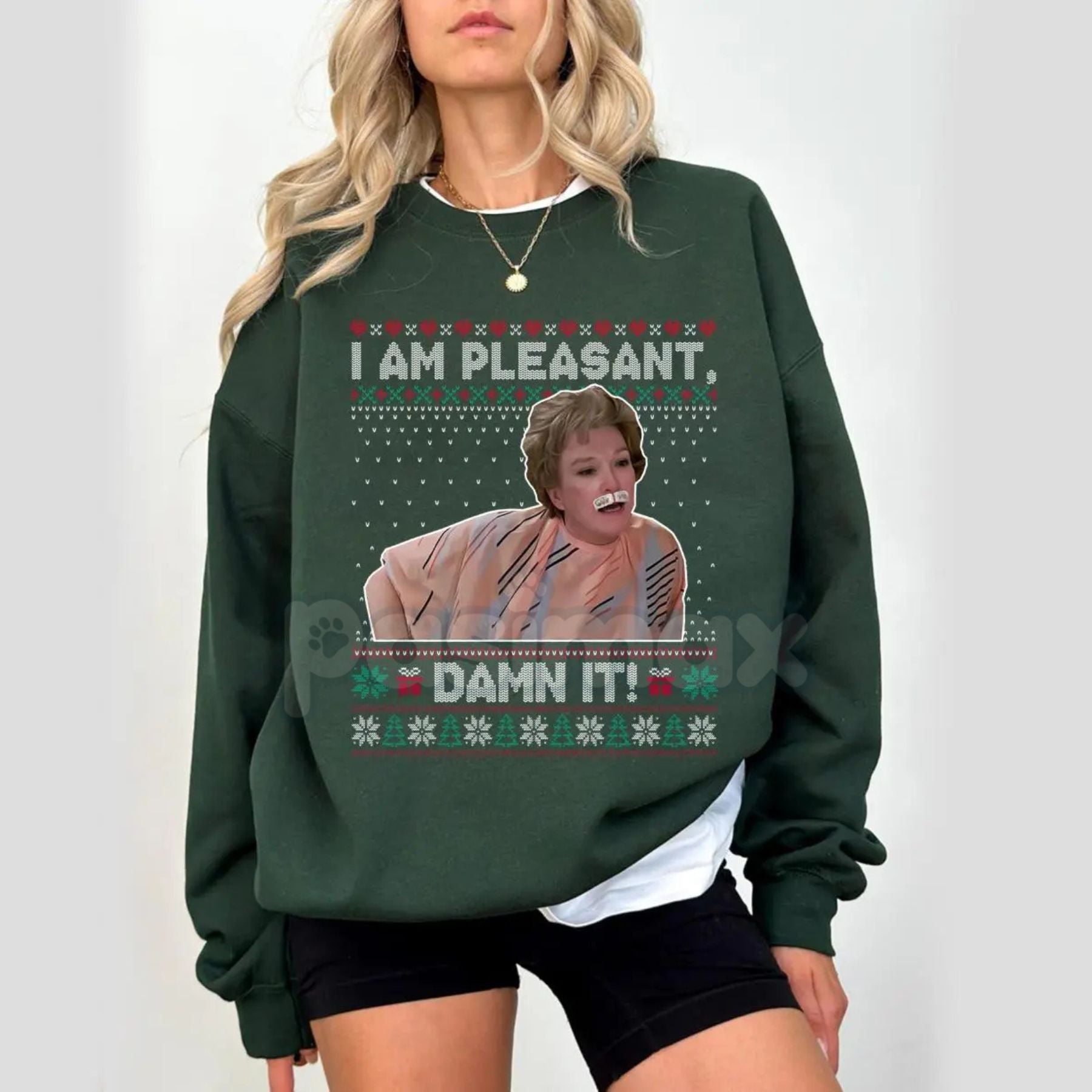 Pasimax "I Am Pleasant" Ugly Christmas Sweatshirt – Funny Steel Magnolias Ouiser Boudreaux Holiday Crewneck — lifestyle conte