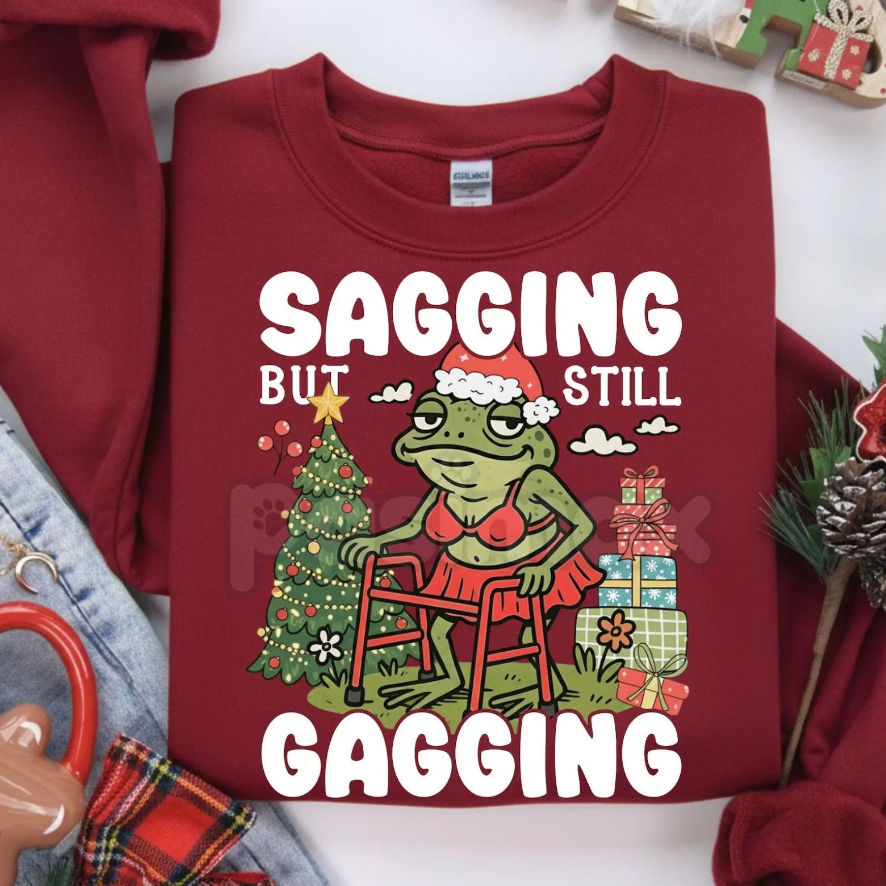 Pasimax "Sagging But Still Gagging" Funny Christmas Meme Frog Sweatshirt – Sarcastic Holiday Crewneck — side view