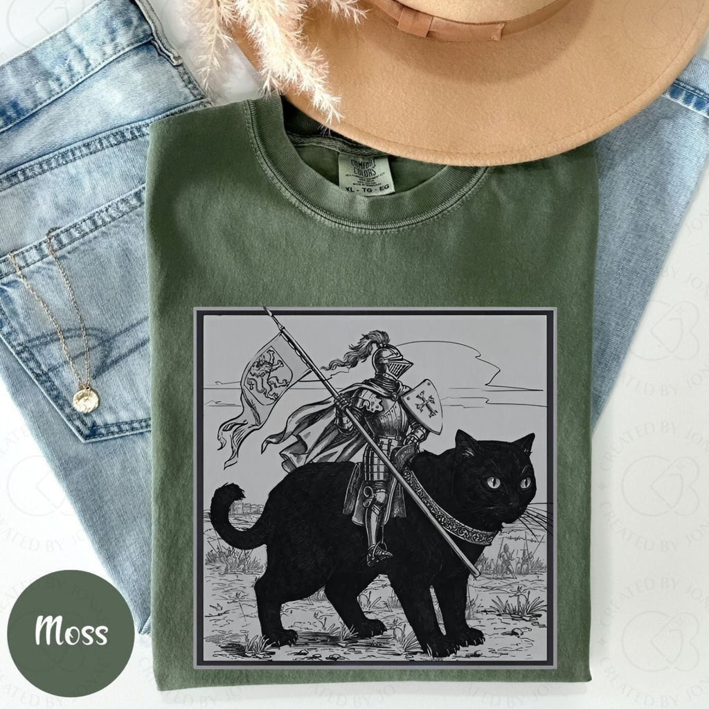 Pasimax Funny Medieval Knight Cat Rider T-Shirt — side view