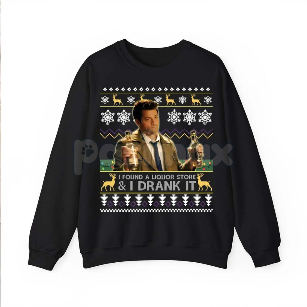 Pasimax "I Found A Liquor Store And I Drank It" Ugly Sweater | Supernatural Moments Quote Funny Christmas Shirt | Dean Winche