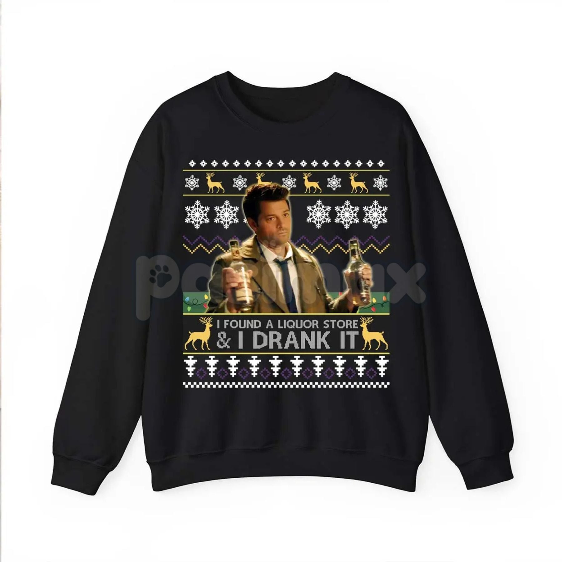 Pasimax "I Found A Liquor Store And I Drank It" Ugly Sweater | Supernatural Moments Quote Funny Christmas Shirt | Dean Winche