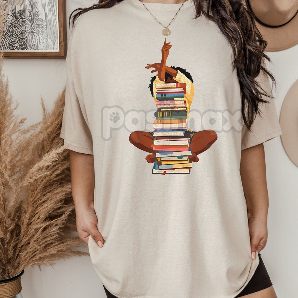 Pasimax Black Woman and Books Stack T-Shirt - Afro Girl Book Lover Graphic Tee, Literary Culture Apparel, Unisex Black Histor