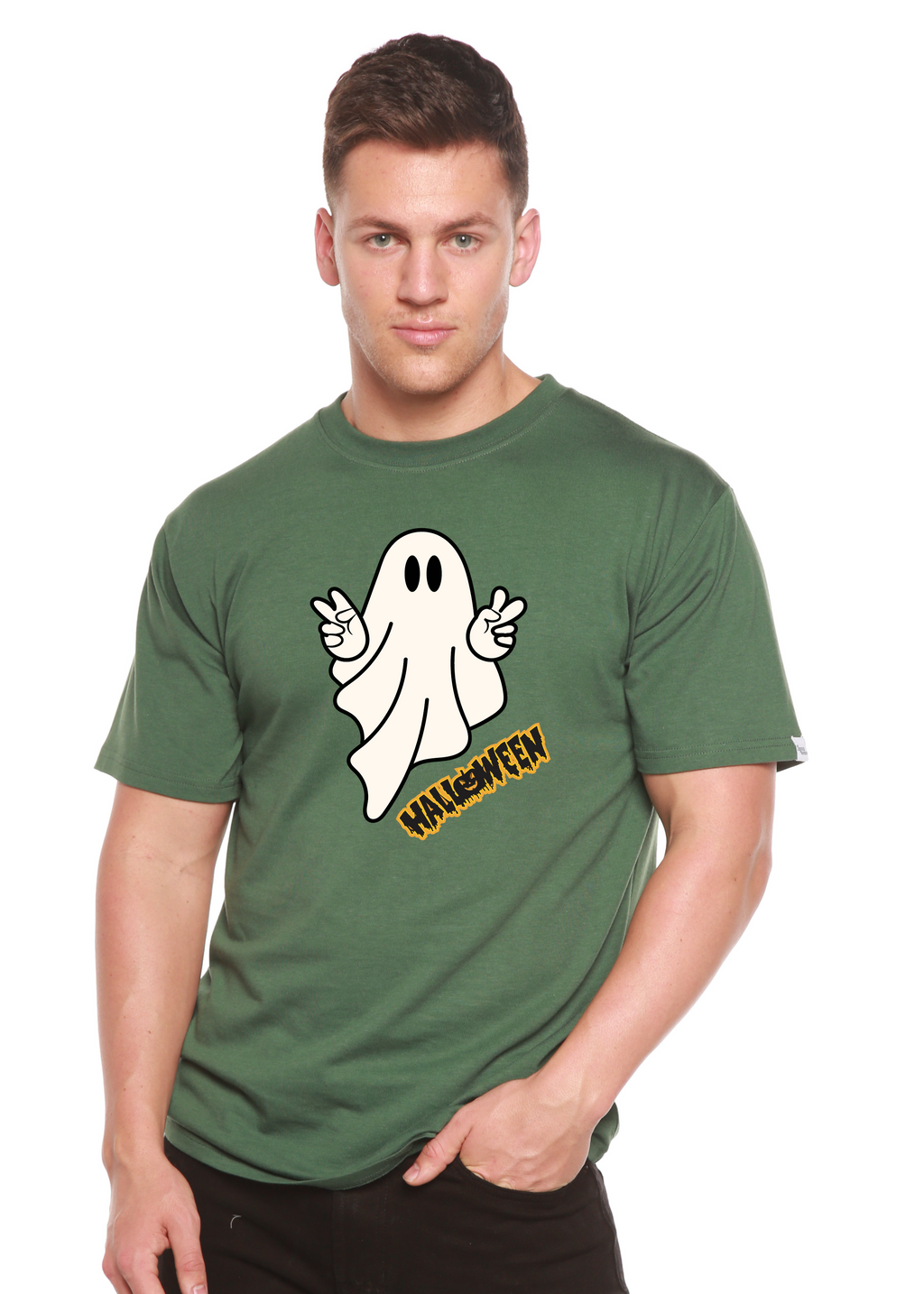 Spun Bamboo Halloween Ghost Unisex Bamboo Viscose/Organic Cotton Short Sleeve Graphic T-Shirt — detail close-up