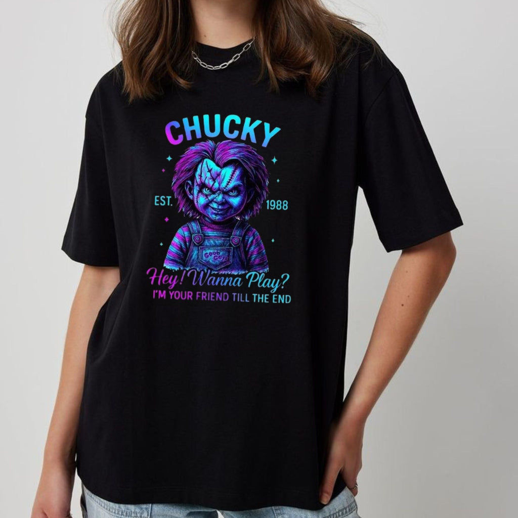 Pasimax Halloween Neon Horror Characters Shirt — back view